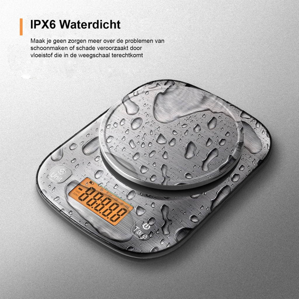 Digitale keukenweegschaal met RVS weegkom, 5 kg capaciteit en 0,5 g nauwkeurigheid, IPX6 waterbestendig
