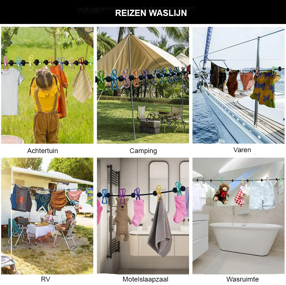 Uittrekbare Waslijn - Draagbare Kledinglijn met 12 Kledingclips - Voor Reizen en Kamperen - Binnen- en Buitenwaslijn