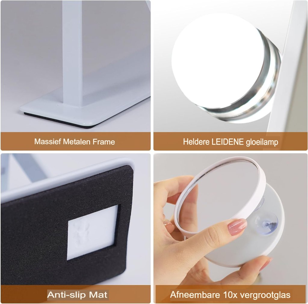 Make-upspiegel met Verlichting - Draaibare Cosmeticaspiegel - 9 Dimbare LED-Lampen - 3 Lichtkleuren - Wit - 25 x 30 cm