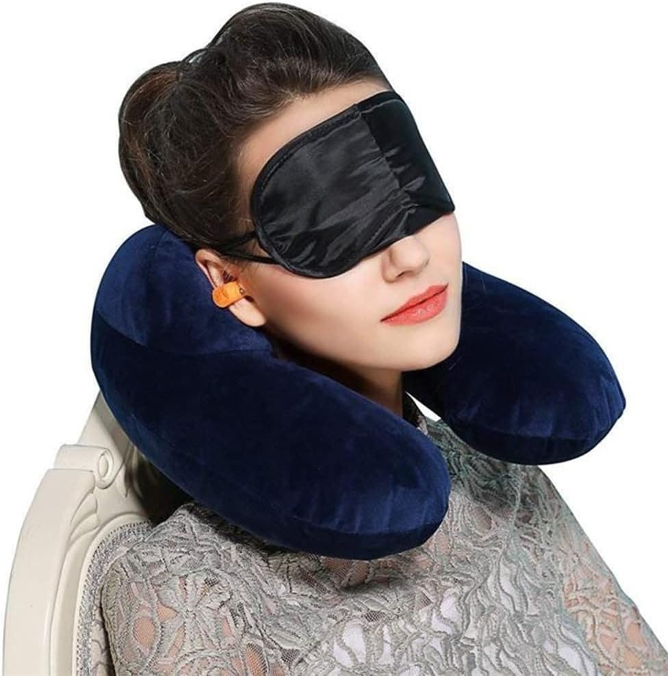 Opblaasbaar Nekkussen - Ergonomisch Reiskussen met Kussensloop - Compact Reisaccessoire - Blauw voor Auto, Trein en Vliegtuig