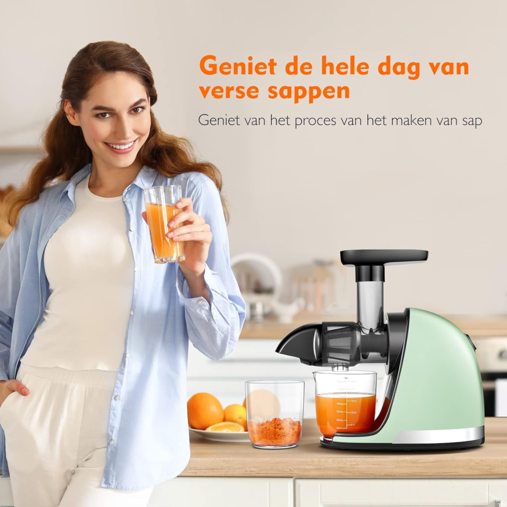 Koudpers Slowjuicer - Masticerende Elektrische Fruitsapcentrifuge voor Groenten en Fruit - Pulpvrij Sap - 2 Bekers - Mintgroen