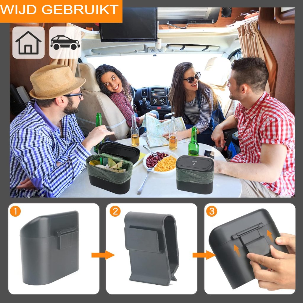 Kleine prullenbak voor auto met automatische deksel en vuilniszakjes