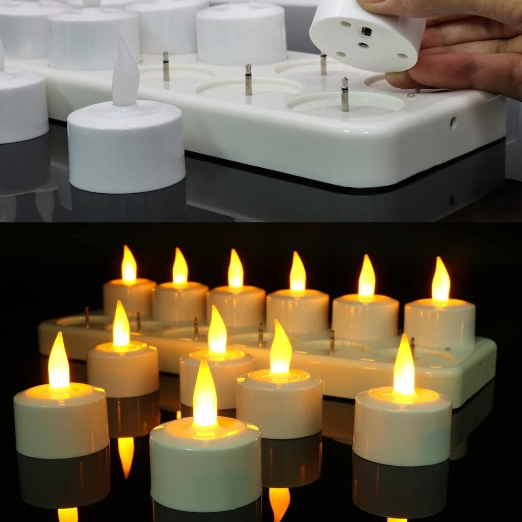 Oplaadbare LED kaarsen set van 12 met oplaadstation, flameloze theelichtjes en warm geel licht