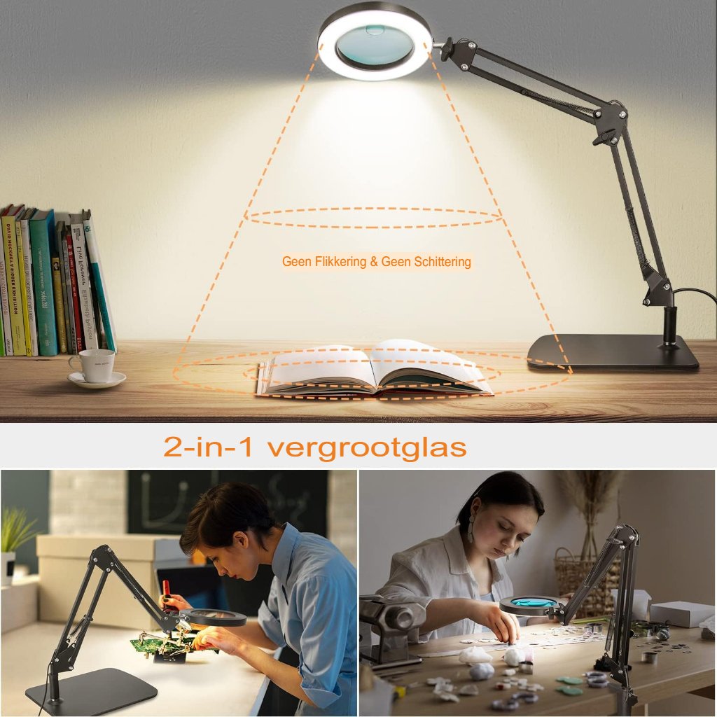 Vergrootglas met LED Verlichting - Flexibele Bureaulamp - Voor Lezen, Hobby en Precisiewerk - Werkplekstandaard