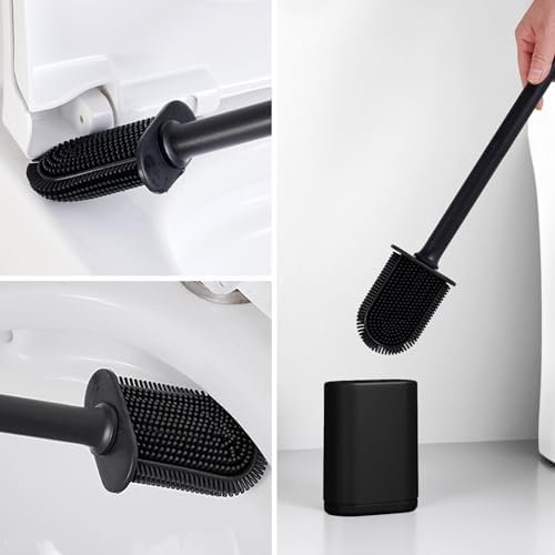 Siliconen toiletborstel zwart-wit met elastiek voor hygiënische toiletreiniging