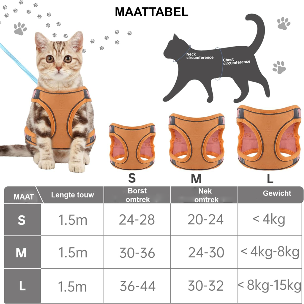 Verstelbaar kattentuigje maat S oranje met reflecterende strips en anti-ontsnappingsontwerp