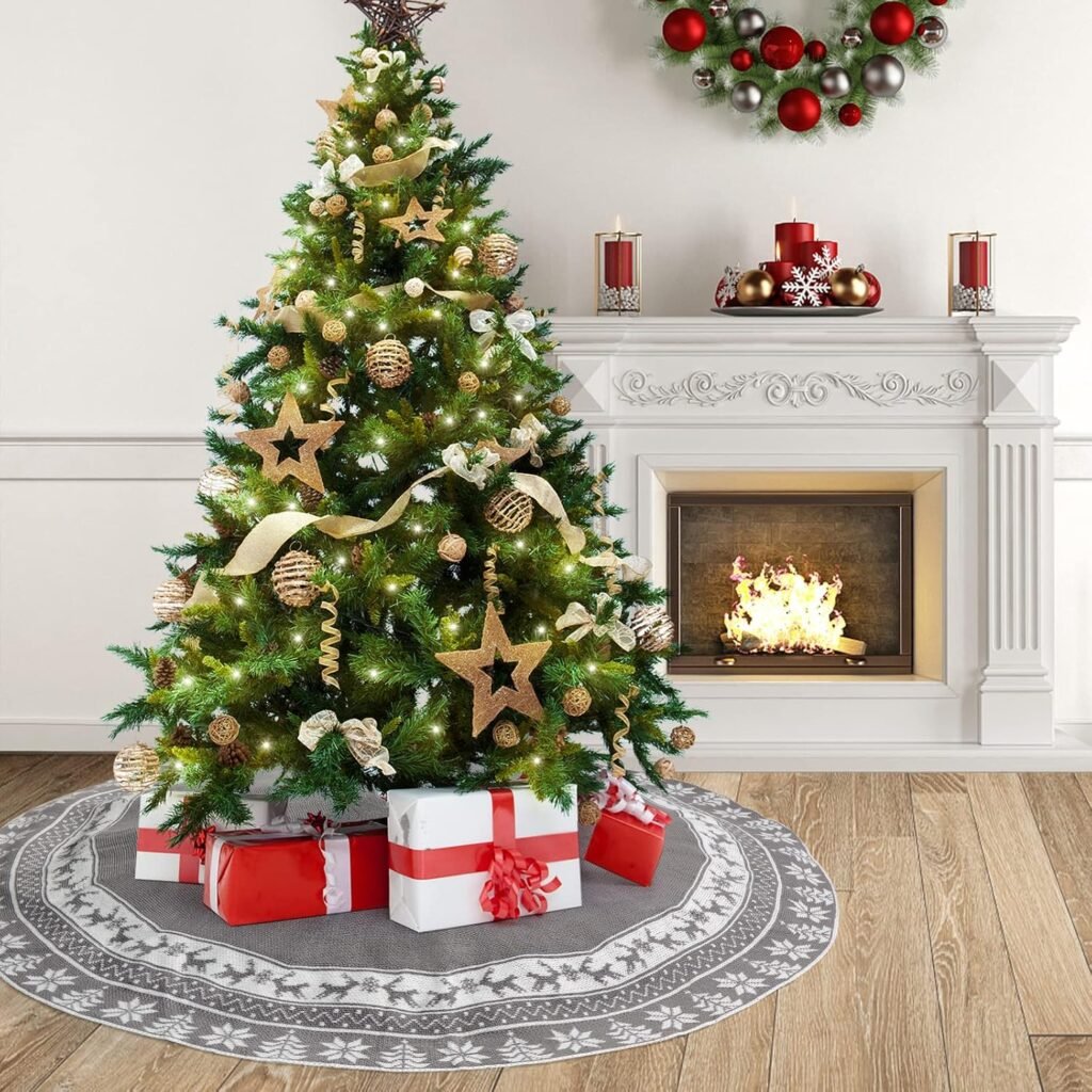 Kerstboomrok 90 cm - Gebreide Kerstboomdeken met Sneeuwvlokken en Rendier - Ronde Kerstboommat - Grijs