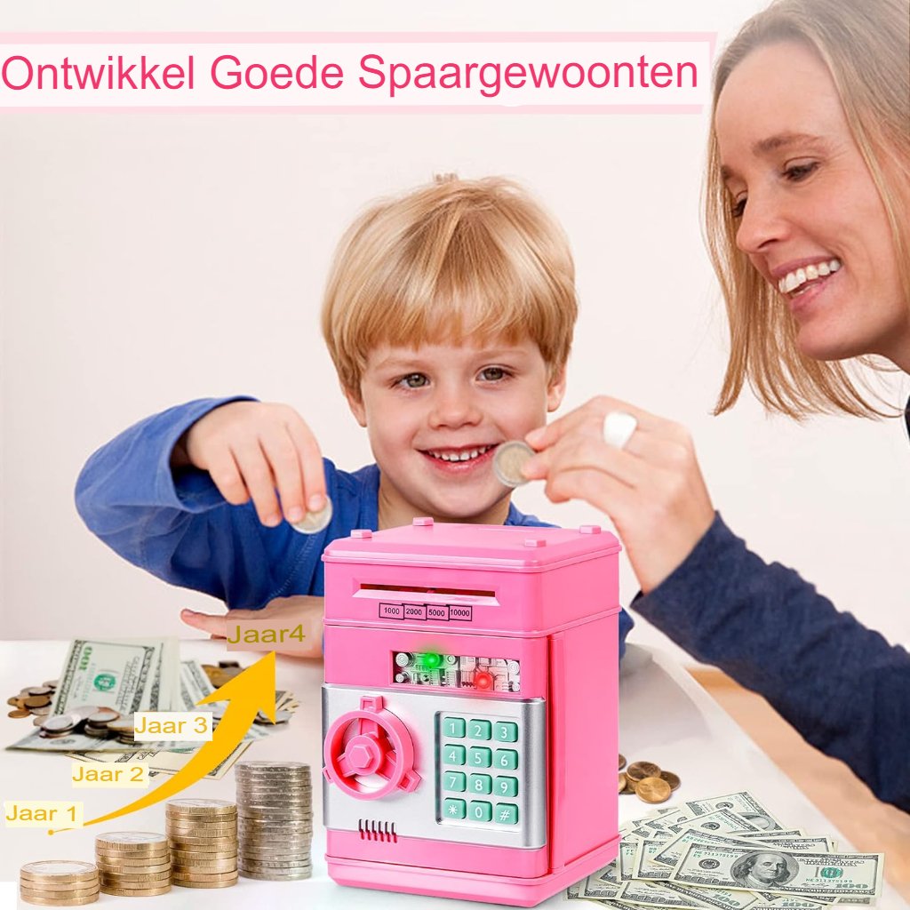 Elektronische spaarpot voor kinderen met wachtwoord en automatisch scrollen, roze