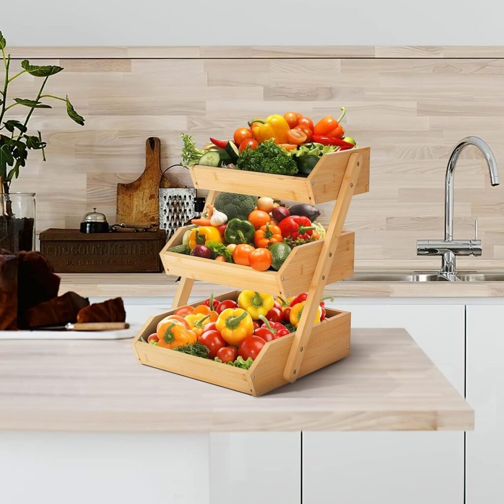 Bamboe fruitmand 3 laags met afneembaar fruitrek voor keukenopslag