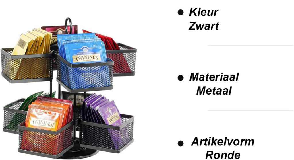 Draaibare theezakjeshouder met verwijderbare compartimenten voor ruimtebesparende thee-opslag