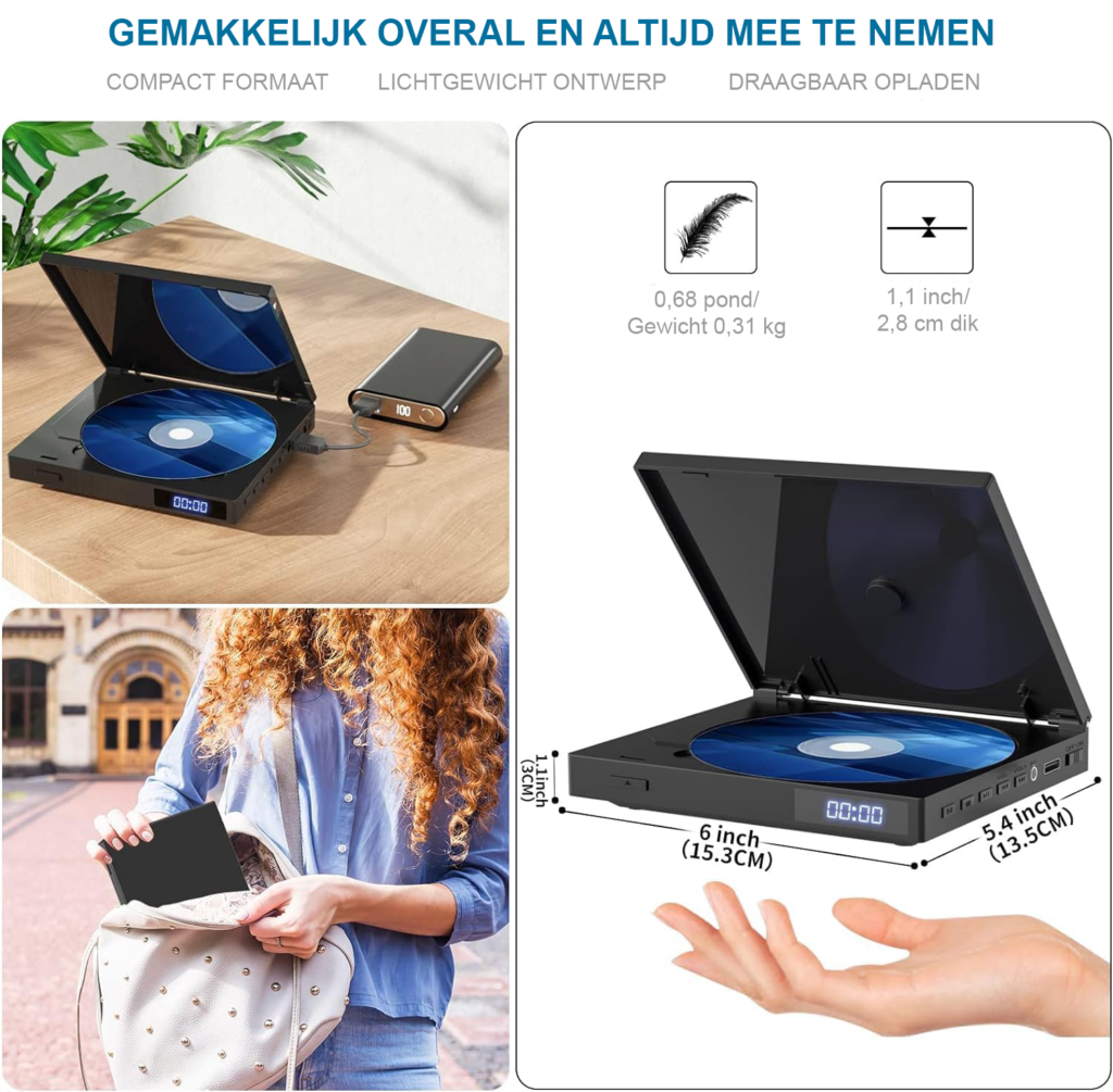 Draagbare DVD speler met 10,1 inch scherm, oplaadbare batterij en ingebouwde luidsprekers