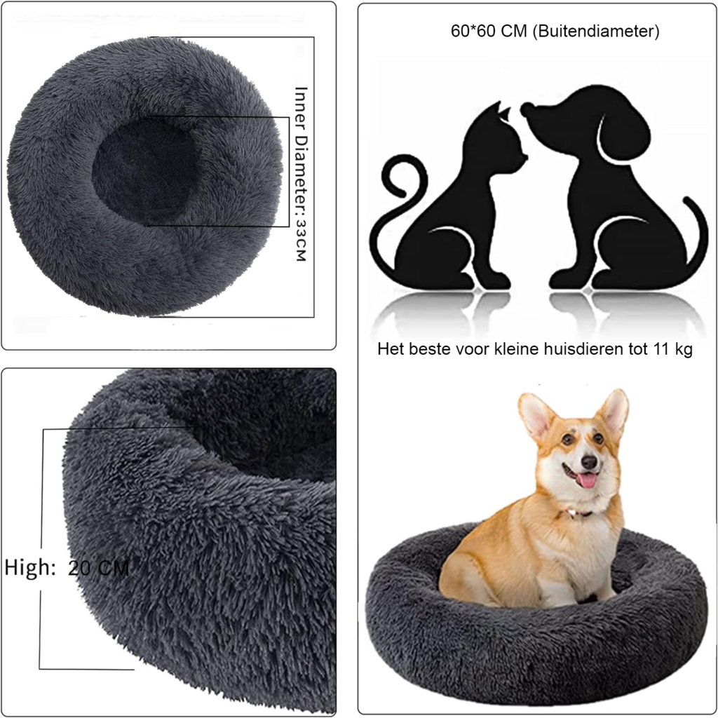 Donkergrijs rond pluche huisdierenbed met zacht kussen voor katten en honden, 60 cm