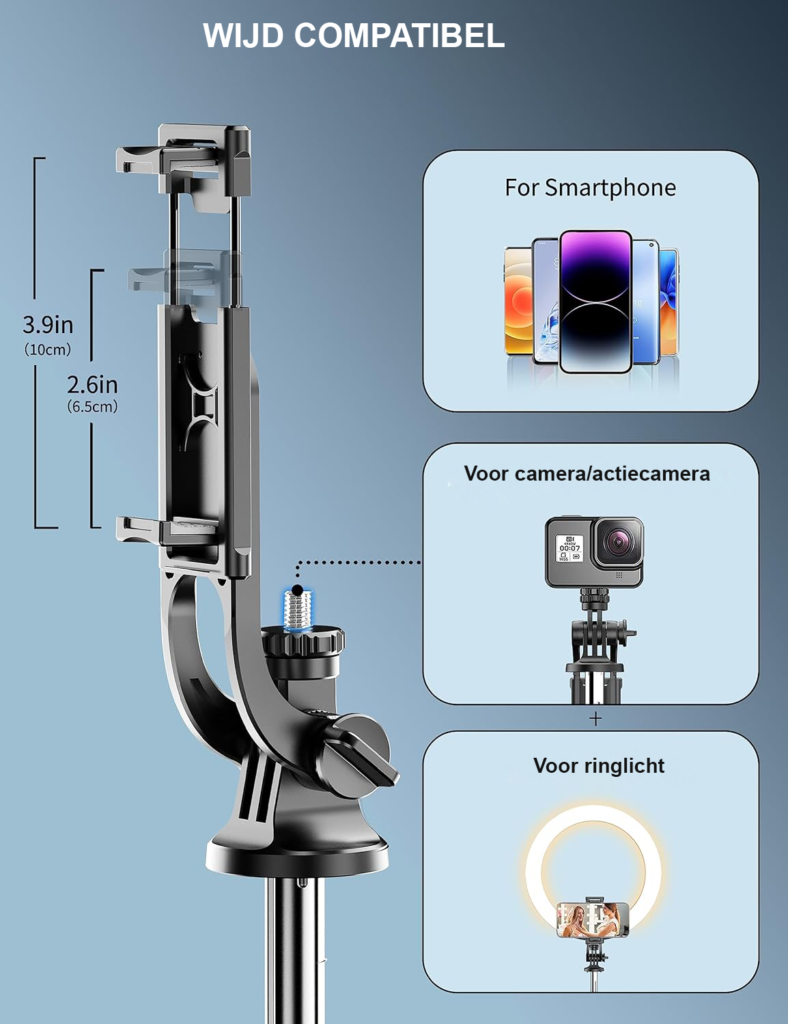 Verstelbaar statief met afstandsbediening voor camera en smartphone, 180 cm, universele houder