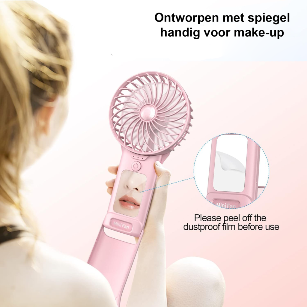 Handventilator met Spiegel - USB-Oplaadbaar en Draagbaar - Stil met 4 Snelheden - 2000mAh Batterij - Roze