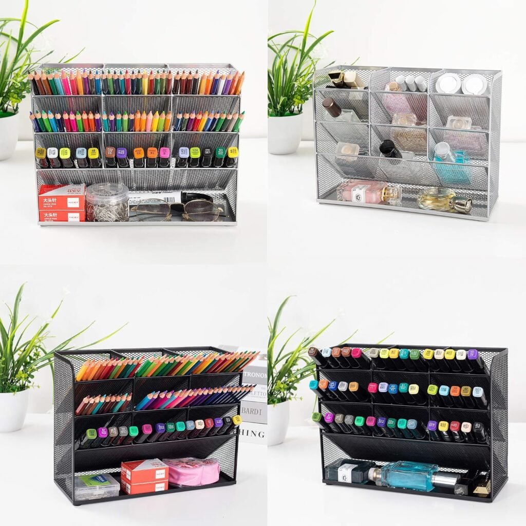 Bureau organizer zwart met metalen mesh, 5 vakken, 4 lades en pennenhouder