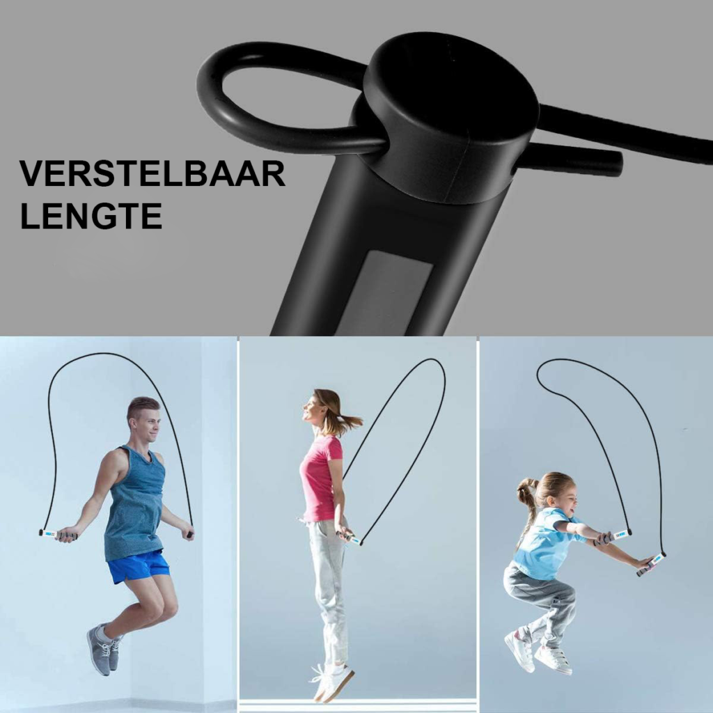 Verzwaard springtouw met calorieënteller, verstelbare lengte, antislip handvatten en weerstandsbanden
