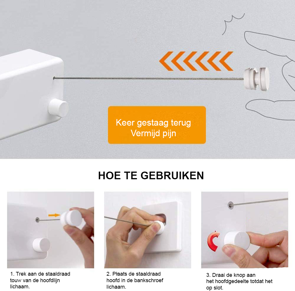 Intrekbare roestvrijstalen wandmontage waslijn voor binnen en buiten met verstelbare kabel