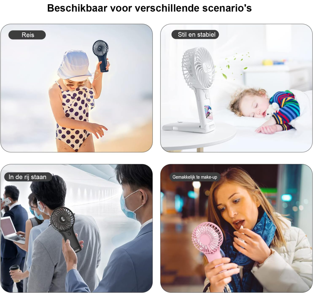 Oplaadbare handventilator met 2000mAh batterij en instelbare snelheden
