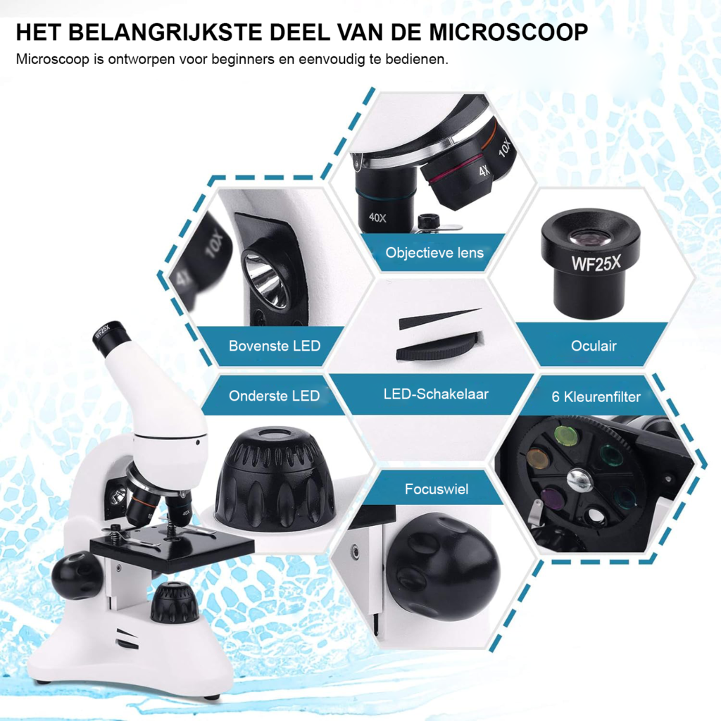 40X-2000X microscoop voor kinderen en professionals met dubbele LED-verlichting en variabele vergroting