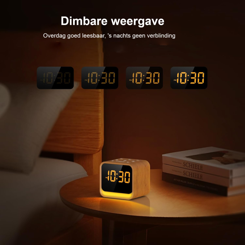 Digitale alarmklok met FM-radio, white noise, 9 alarmgeluiden en 7-kleuren display met nachtlamp