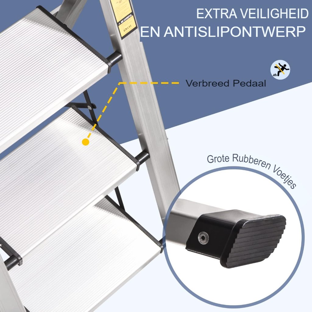 Trapladder 3 Treden - Aluminium Opstapje met Handrail en Gereedschapskist - Antislip en Opvouwbaar - Draagvermogen tot 150 kg