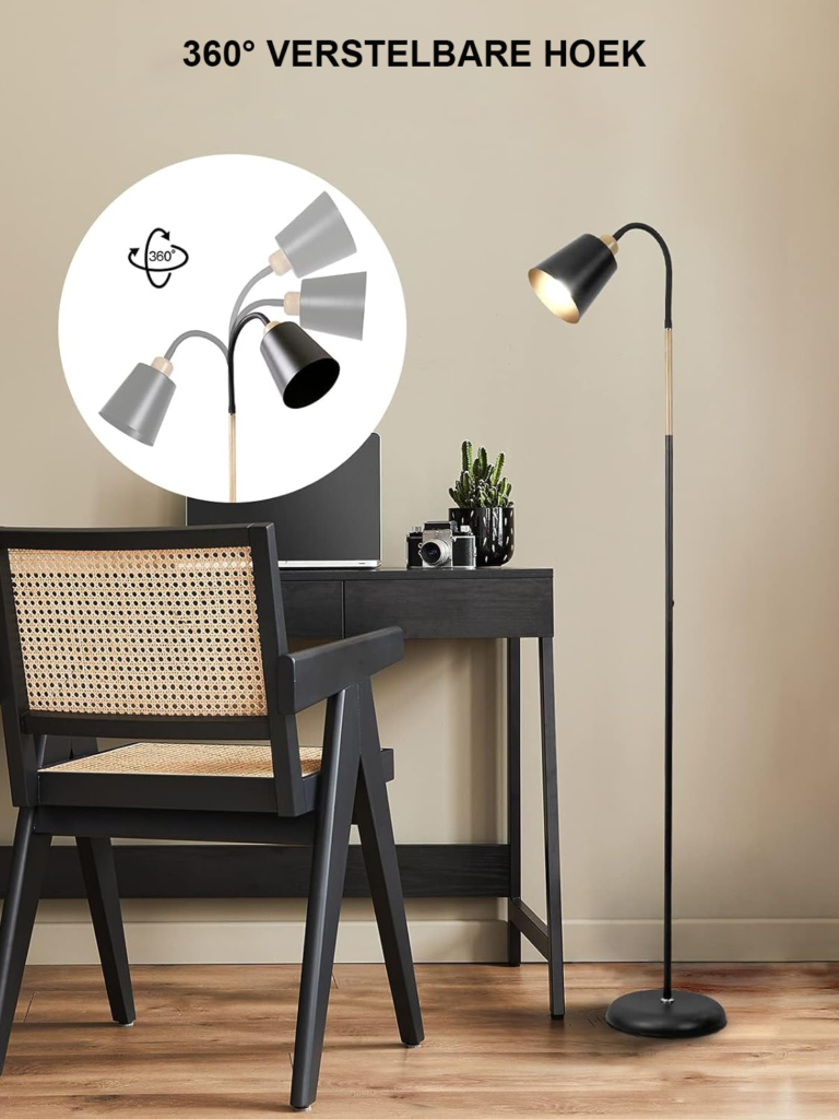 Zwarte metalen vloerlamp E27 met 360° draaibare fitting, 159 cm hoog, voor woonkamer en slaapkamer