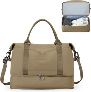 Khaki dames reistas met schoencompartiment, waterdichte weekendtas en handbagage voor Ryanair en easyJet