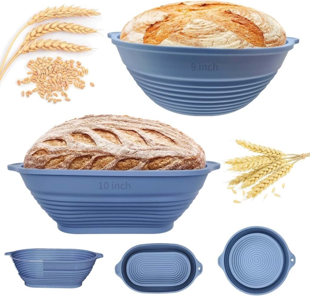 Siliconen banneton broodrijsmanden blauw, ovaal 10 inch en rond 9 inch, vouwbare zuurdesem rijsmanden voor brood bakken