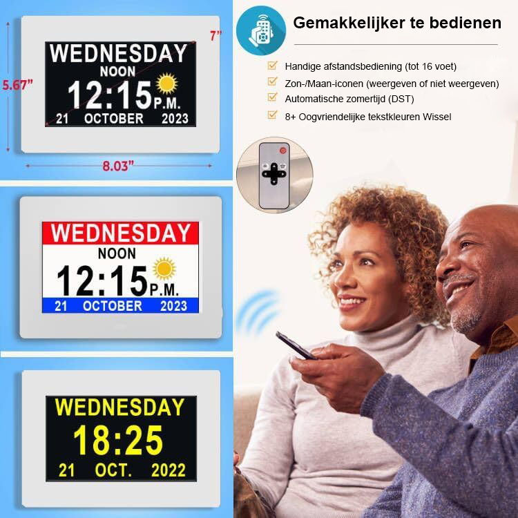 Digitale kalenderklok 7 inch met groot duidelijk display, 16 alarminstellingen en afstandsbediening voor senioren en slechtzienden