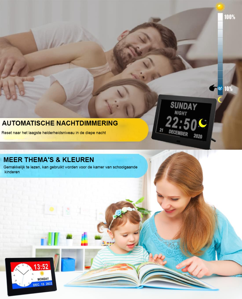 Digitale kalenderklok 7 inch met groot duidelijk display, 16 alarminstellingen en afstandsbediening voor senioren en slechtzienden