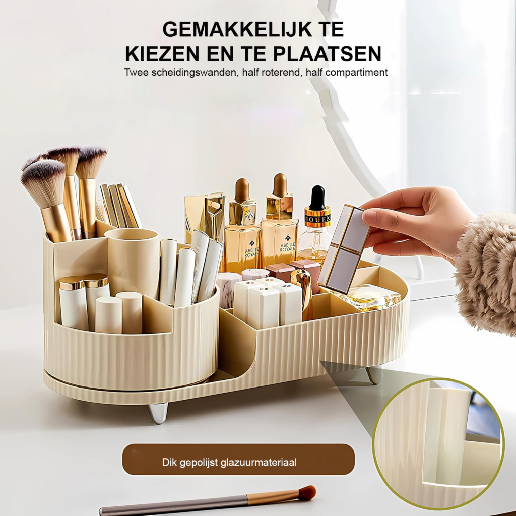 Make-up Organizer met 360° Rotatie - 2-in-1 Cosmetica Opberger - Make-up en Skincare Organiser met Compartimenten - Beige