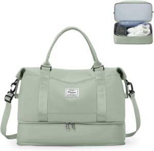 Wit-groene reistas voor dames met schoencompartiment, waterdichte sporttas en handbagage voor weekend, fitness en reizen met Ryanair en EasyJet.