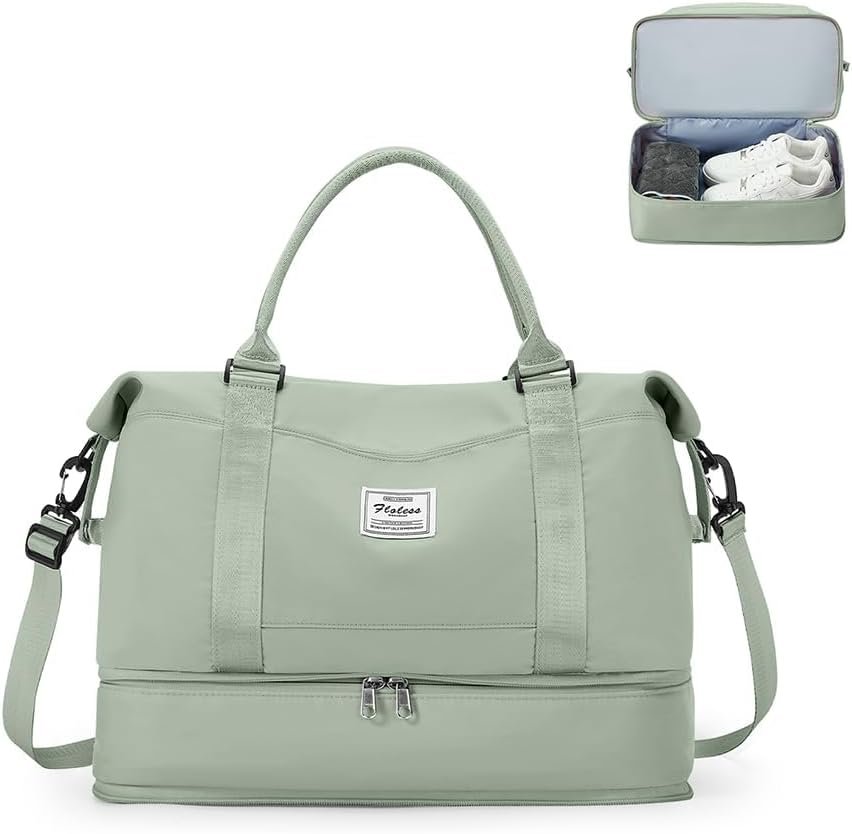 Wit-groene reistas voor dames met schoencompartiment, waterdichte sporttas en handbagage voor weekend, fitness en reizen met Ryanair en EasyJet.