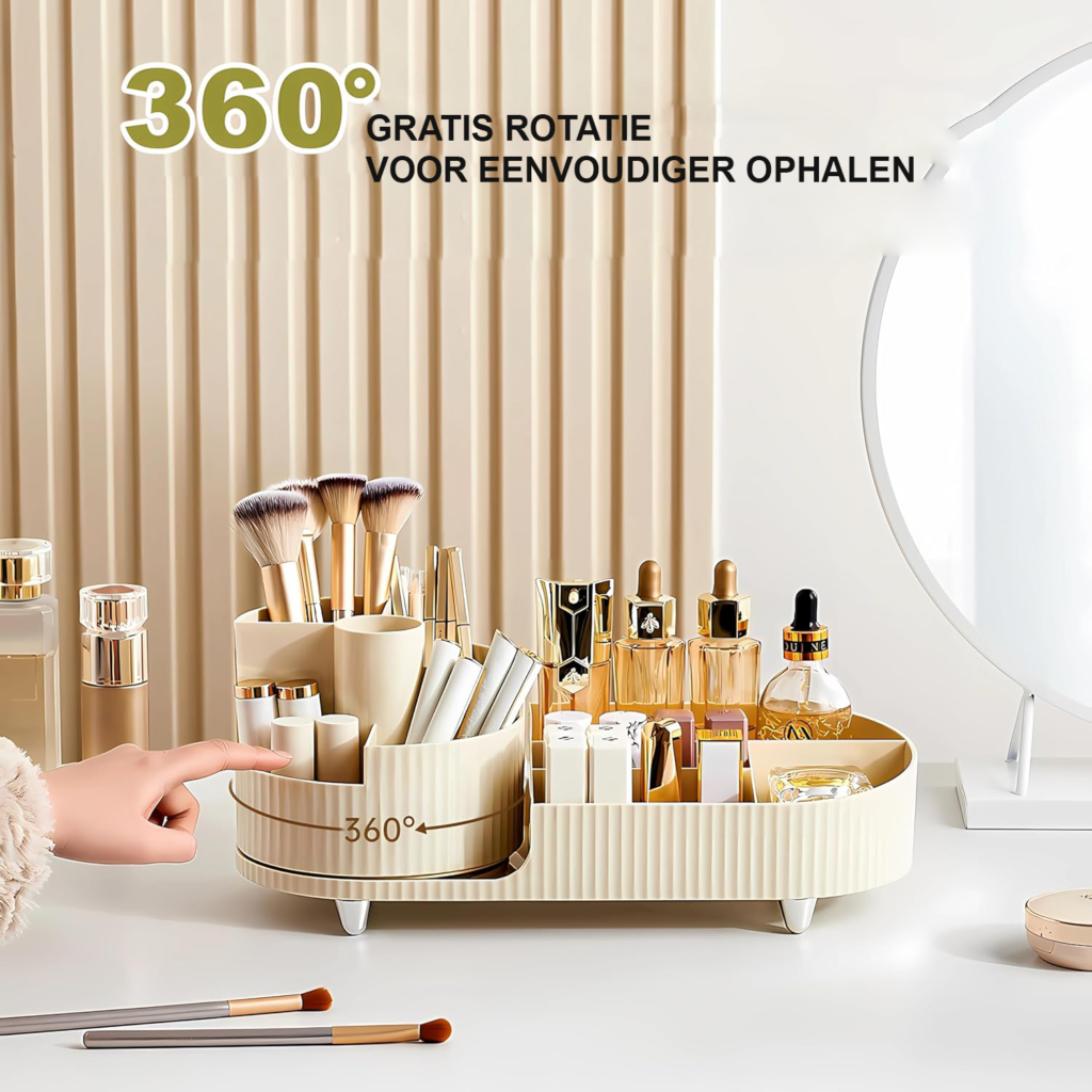 Make-up Organizer met 360° Rotatie - 2-in-1 Cosmetica Opberger - Make-up en Skincare Organiser met Compartimenten - Beige