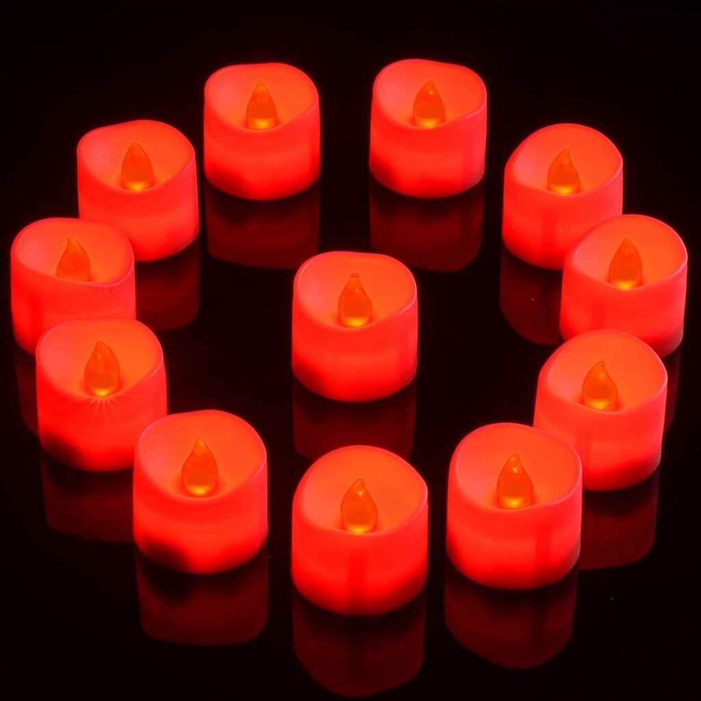 Rode LED waxinelichtjes 12 stuks met flikkerend vlameffect en 6-uurs timer, batterijgevoede elektrische theelichtjes voor decoratie en feestdagen