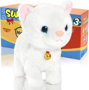 Interactieve witte robotkat van pluche met geanimeerde bewegingen en geluid, elektronisch kattenspeelgoed voor kinderen