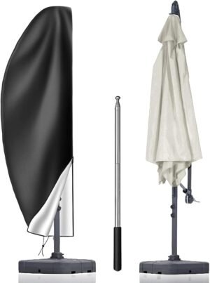 Zwarte waterdichte parasolhoes 265 cm van 420D Oxford voor zweefparasol met ritssluiting en verstelbaar trekkoord