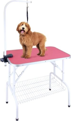 Opvouwbare trimtafel voor honden en katten in roze met verstelbare arm, trimlus en opbergtray voor vachtverzorging
