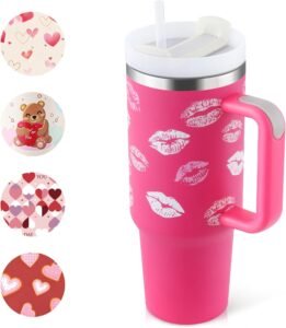Thermosbeker met Rietje en Handvat 1200 ml – Dubbelwandige Drinkbeker – Roestvrij Staal – Warm Roze, Voor Thuis en Onderweg