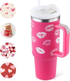 Thermosbeker 1200 ml met rietje en handvat van dubbelwandig roestvrij staal in warm roze