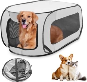 Hondenren 106 x 106 x 72 cm – Draagbare Puppyren voor Kleine en Middelgrote Honden – Binnen- en Buitenren met Afneembaar Ritsdak en Bodem – Inclusief Draagtas, Beige