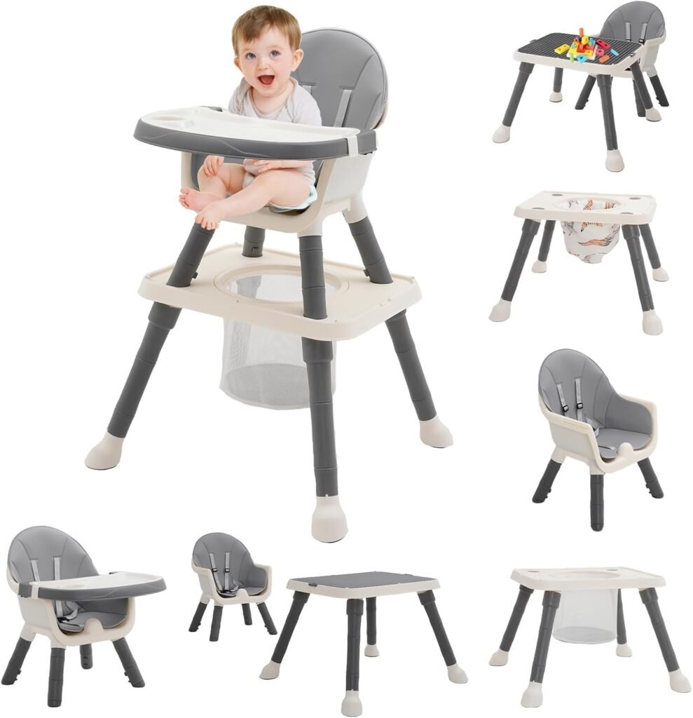 Verstelbare kinderstoel met eetblad, wielen en verstelbare rugleuning, opvouwbare babystoel voor eten en spelen