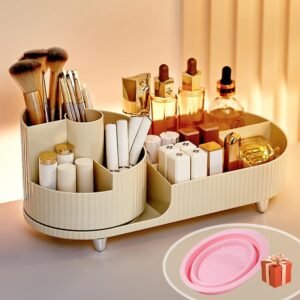 Make-up Organizer met 360° Rotatie – 2-in-1 Cosmetica Opberger – Make-up en Skincare Organiser met Compartimenten – Beige