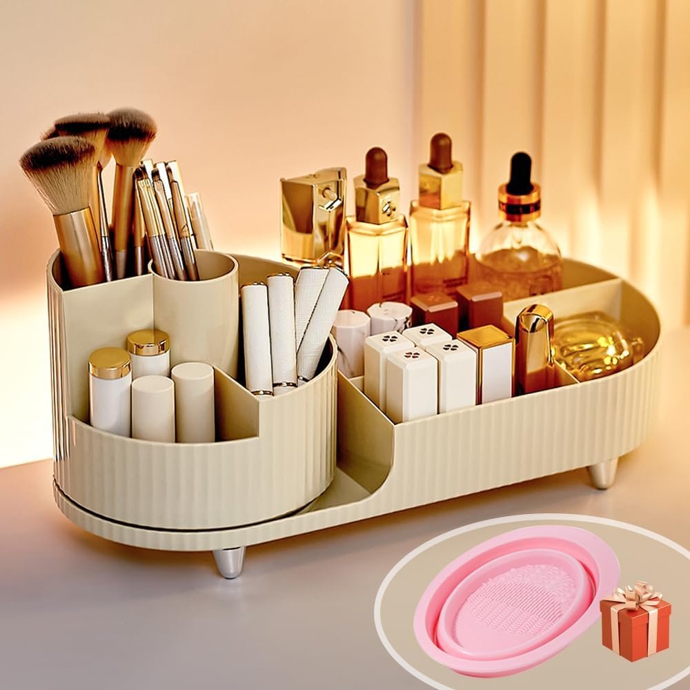 Beige make-up organizer met 360° rotatie en compartimenten voor cosmetica en skincare producten