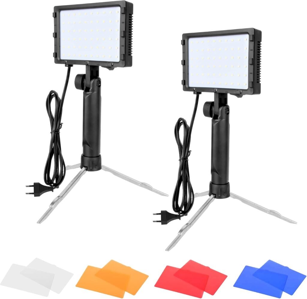 Verstelbare LED videoverlichting met statief en kleurenfilters, dimbaar 5500 K, set van 2 voor fotografie en streaming