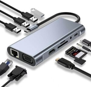 USB-C Hub 11-in-1 – Docking Station met 4K HDMI, VGA en USB 3.0 – Gigabit Ethernet, SD/TF en 3,5 mm Audio – USB-C PD