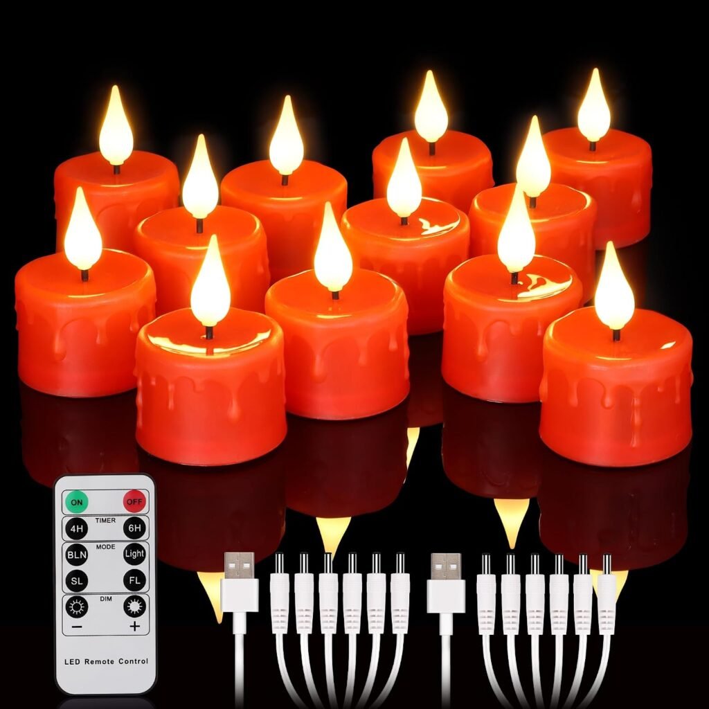 Set van 12 rode oplaadbare LED-waxinelichtjes met warm wit flikkerend licht, afstandsbediening en timer