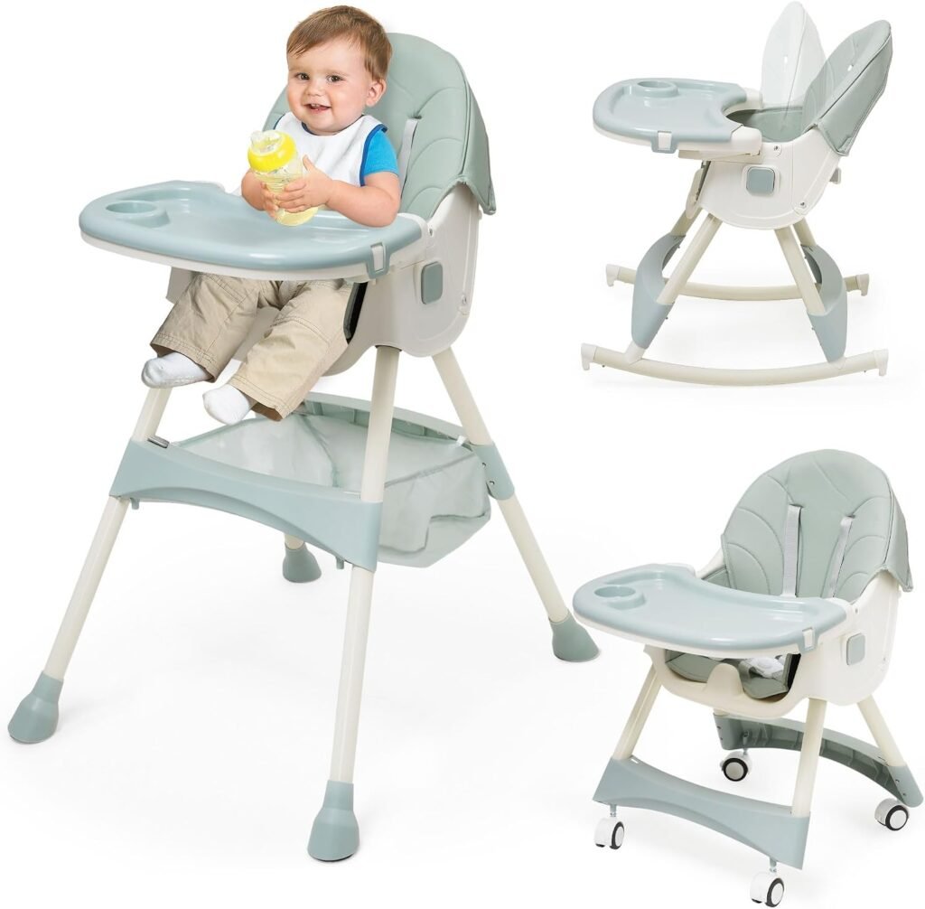 3-in-1 verstelbare wipstoel voor baby's met afneembaar bureau en 4 wielen in groen