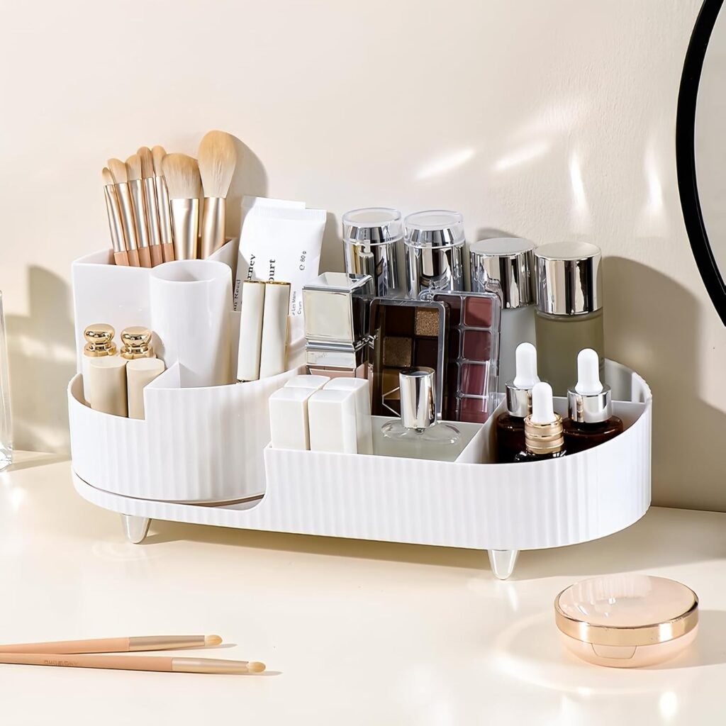 Witte make-up organizer 360 graden draaibaar met 2-in-1 functie voor cosmetica en beautyproducten