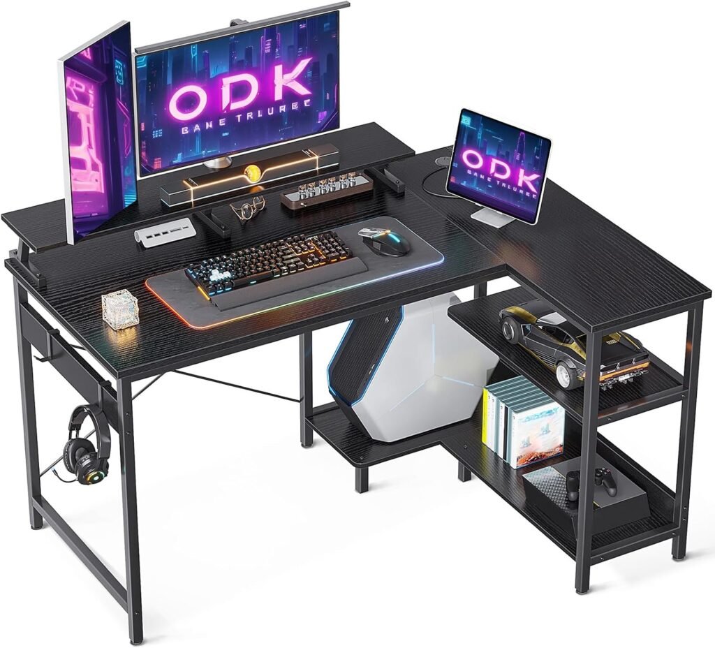 Computertafel met monitorstandaard en opbergvakken voor gaming en werk, zwart koolstofvezel bureau